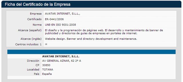 Ficha del Certificado de la Empresa AVATAR INTERNET