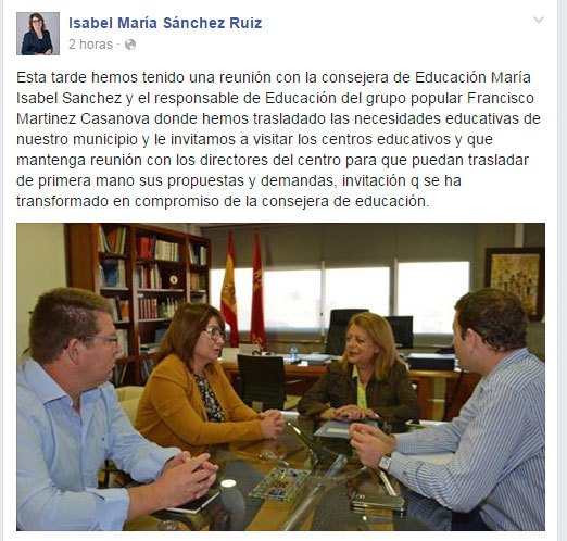 Reunión con la consejera de Educación María Isabel Sánchez-Mora, esta tarde | facebook.com/alcaldesatotana