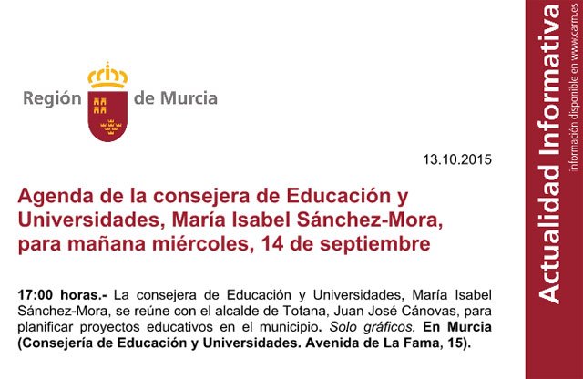 Agenda de la consejera de Educación y  Universidades, María Isabel Sánchez-Mora,  para mañana / CARM