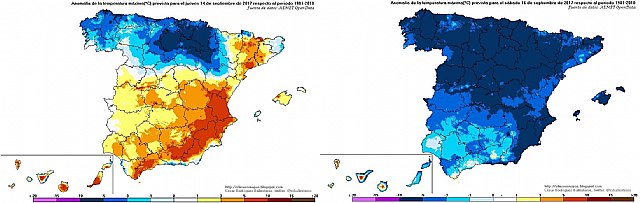 Gran diferencia en la anomalía de las temperaturas máximas entre hoy y el sábado. Hoy las temperaturas han estado muy por encima de los valores medios en el sureste y el sábado estarán muy por debajo. Este día, las temperaturas en toda España estarán por debajo de la media.