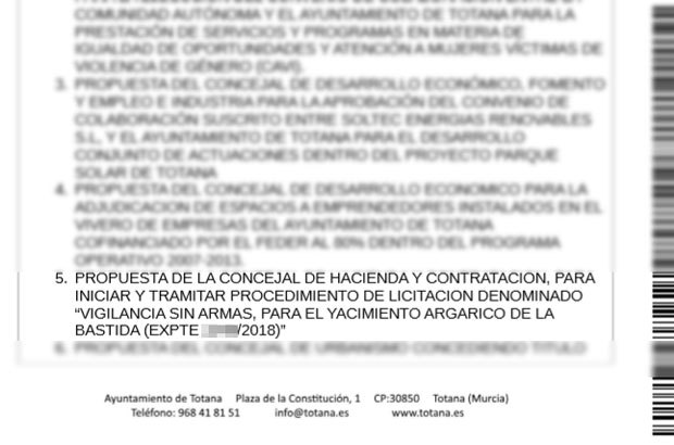 Se inicia el procedimiento para contratar, de nuevo, el servicio de vigilancia sin armas para el yacimiento argárico de 'La Bastida'