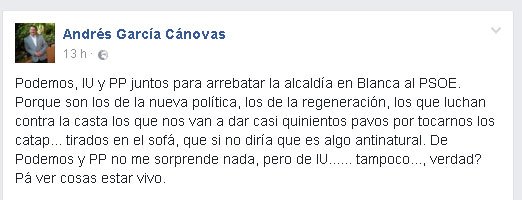 Andrés García opina en redes sociales sobre la moción de censura en Blanca