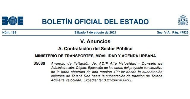 El BOE ha publicado el anuncio de licitación de la línea eléctrica de alta tensión de la catenaria del AVE en Totana