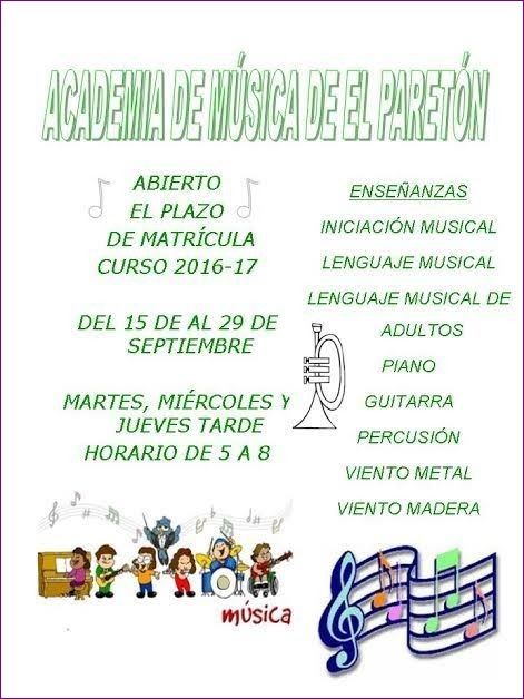 Comienza hoy y hasta el próximo 29 de septiembre el plazo de matrícula para la Academia de Música de El Paretón