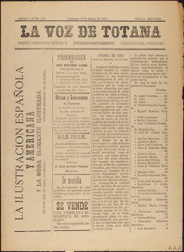 Página del periódico local La Voz de Totana en su edición de 16 de marzo de 1890 en la que se recoge la demanda de ayuda del alcalde de la localidad para ayudar a los jornaleros que llevaban un tiempo sin poder trabajar como consecuencia de la abundancia de las lluvias. Colección Arnao Aledo.